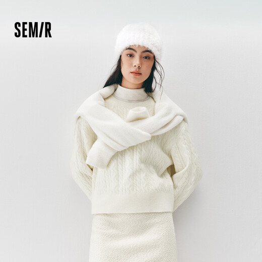 Same style as Semir shopping mall | Senrou Semir sweater for women winter short cable tie round neck loose 2025 new retro sweater milk white 10501 S