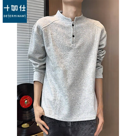 Shirushi light gray stand-up collar right shoulder long-sleeved T-shirt men's autumn American polo shirt sweatshirt Henry collar bottoming shirt black carefully selected good fabrics L 110Jin Jin is equal to 0.5kg -130Jin Jin is equal to 0.5kg