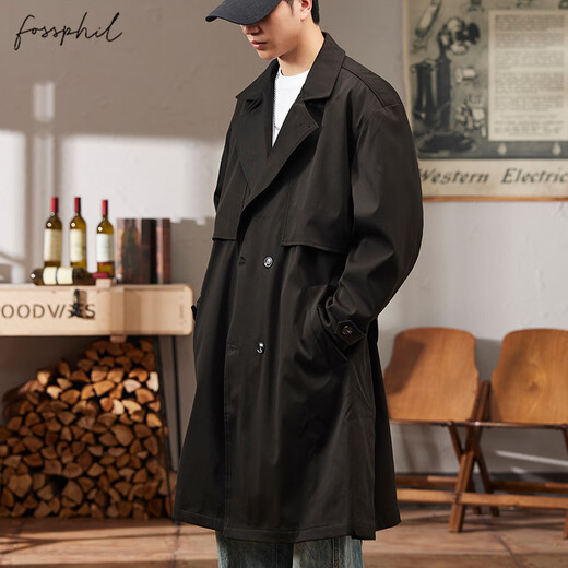 Foss Phil windbreaker men's autumn and winter loose casual mid-length jacket light mature style coat jacket 2407 black M