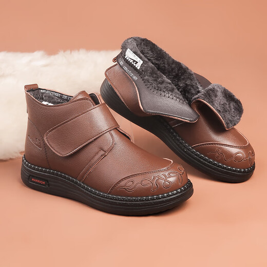 Pull-back mother's shoes plus velvet, middle-aged winter cotton shoes for the elderly, non-slip and warm, middle-aged and elderly leather shoes, women's short boots 1760 brown 37