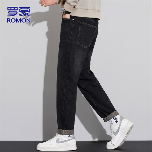ROMON jeans men's elastic pants men's autumn and winter straight casual pants men's slim trousers black 32