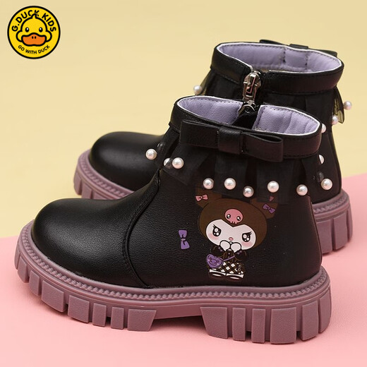 G.duck Little Yellow Duck Girls Short Boots Genuine Leather Children's Martin Boots 2025 Autumn and Winter New Kuromi Children's Shoes Plus Velvet Second Cotton Boots Black Single Boot + Soft Genuine Leather + Light Soft Sole + Kuromi Bow 33 Inner Length Approximately 21.1cm