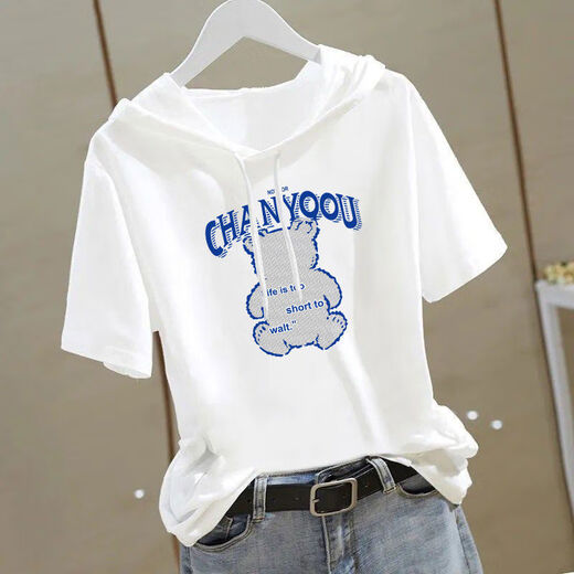 Hooded T-shirt for women 2025 short-sleeved summer loose half-sleeved casual slimming and age-reducing fashionable sweatshirt for women white T-shirt trendy white-baseball cap M 90Jin Jin equals 0.5kg to wear below