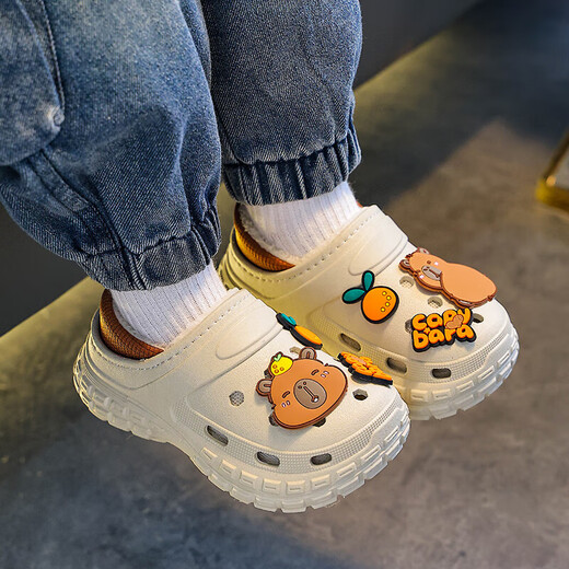 Kapibara children's cotton slippers, boy's winter cartoon cute non-slip indoor soft-soled baby slippers, upgraded environmentally friendly material black (heel included) 12 26/27 size (shoe inner length 16CM, suitable for feet 15