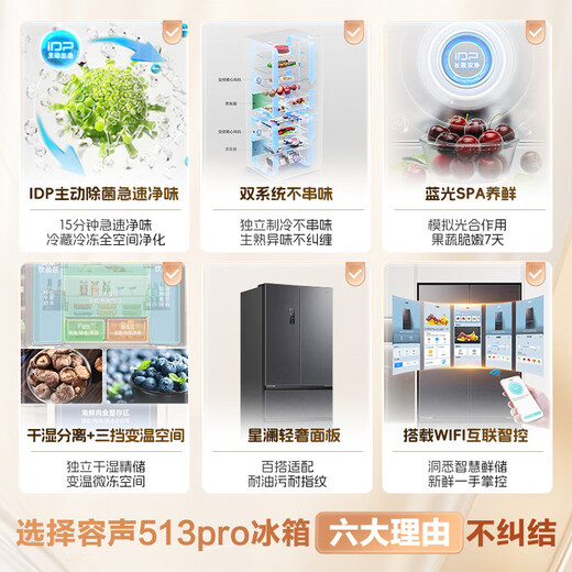 Rongsheng 513L French multi-door refrigerator pro model IDP active sterilization dual system dual cycle first-level energy efficiency air-cooled frost-free large capacity BCD-513WD18MP national subsidy