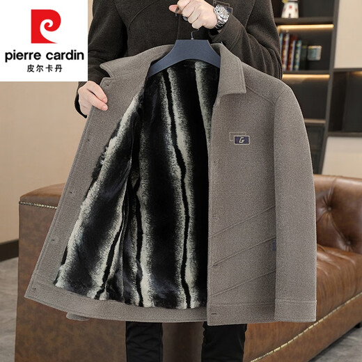 Pierre Cardin (pierre cardin) men's woolen jacket spring and autumn thickened tops young and middle-aged high-end lapel casual woolen jackets autumn and winter 8299 Khaki thickened velvet 3XL 155Jin Jin is equal to about 0.5 kg