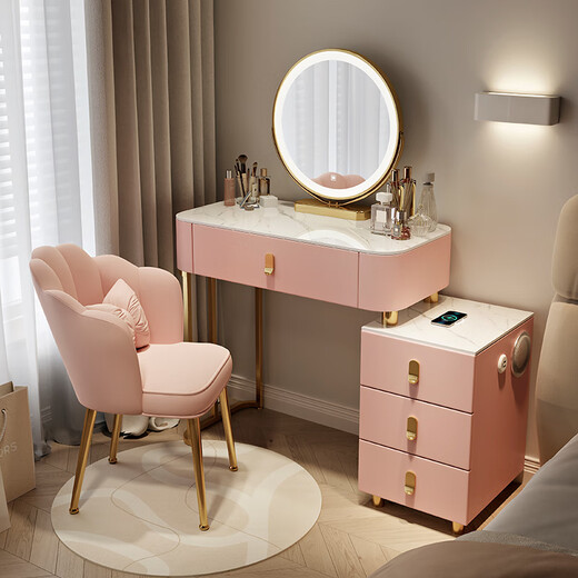 Xushansi Xueshu small apartment smart bedroom dressing table with wireless charging cabinet modern simple light luxury solid wood milk slate countertop + smart cabinet + cloud mirror (without stool, fully equipped 60cm desktop combination wireless charging +