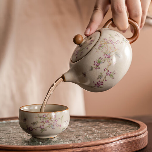 Porcelain brand tea set Ru Kiln Kung Fu tea set with tea tray household ceramic personal teapot teacup tea set beige Ru Kiln cute cat Xishi pot one pot and two cups