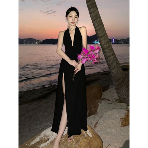 Diligent high slit dress evening dress sexy deep V goddess style halter neck little black dress deep V large backless long dress vacation repair black M