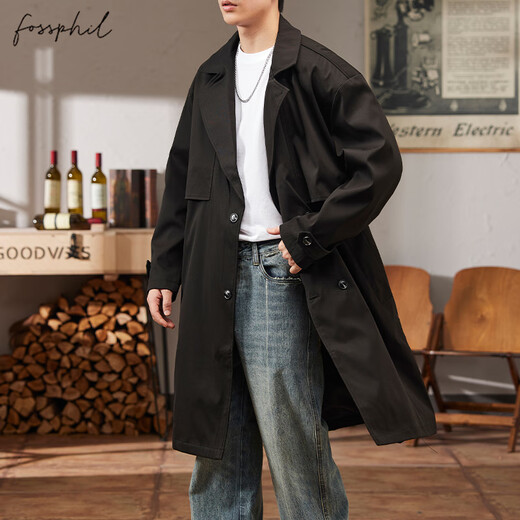 Foss Phil windbreaker men's autumn and winter loose casual mid-length jacket light mature style coat jacket 2407 black M
