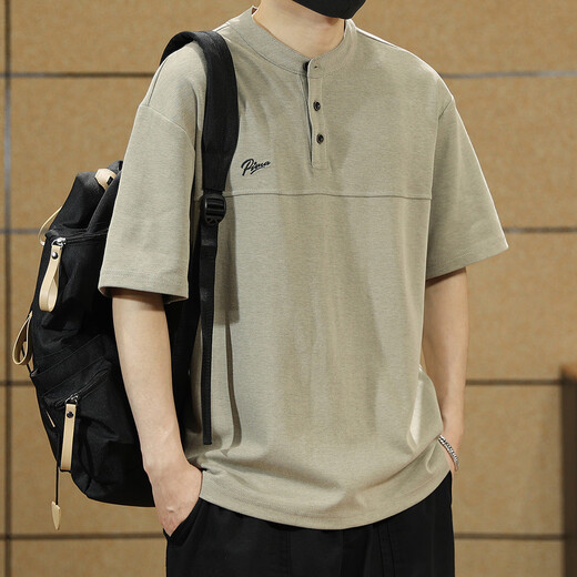 Ten Cranes American Retro Polo Shirt Men's Short Sleeve Loose Casual Half Sleeve Men's Summer Large Size Men's Henley Collar T-shirt Light Brown 2XL (160-180Jin Jin equals 0.5kg)