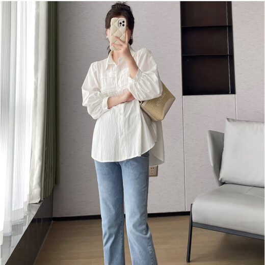 Ranqi Mommy Maternity Tops Spring and Autumn Fashionable Clothes Covering the Belly without Showing Pregnancy Clothes Shirts Large Size Loose Autumn Clothes 2025 New Women White Top + Blue Jeans (Set) L