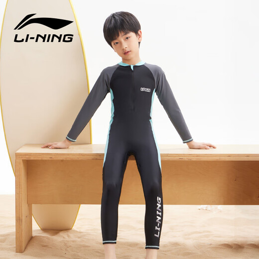 Li Ning (LI-NING) children's swimsuit one-piece long-sleeved hot spring warm sun protection boy surfing suit training swim suit 8793 black green 160