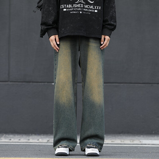 JEEP SPIRIT Men's Washed Distressed Jeans Boys Straight Leg Loose 2025 New Drapey Wide Leg Pants Men's Autumn and Winter 1047 Nostalgic Color XL