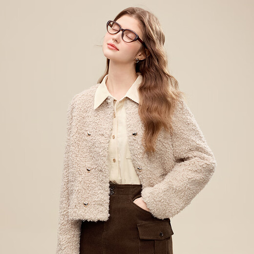 Betu women's 2025 winter new shirt with plaid contrasting buttons 100% cotton top for women 2511T61 apricot L