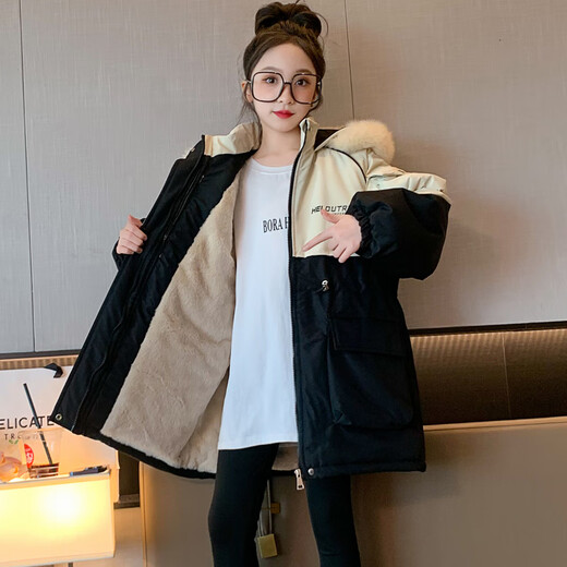 细仔码头儿童装女童派克服外套中大童毛领时尚加绒加厚中长款大衣棉服韩版 卡其色 毛领可拆卸 160