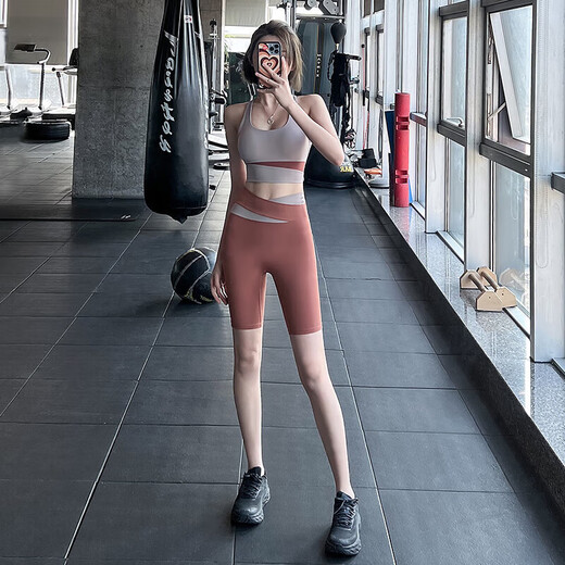 LULUUVTTOH yoga clothing set for women Pilates training quick-drying elastic breathable running tight sports fitness dance clothing brown top L