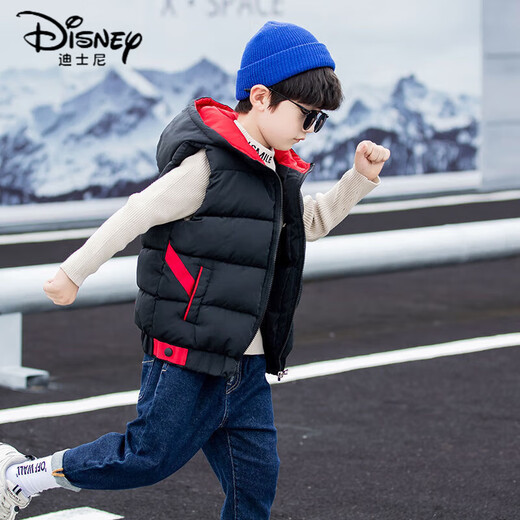 Disney boys down cotton vest outer wear 5 vest 6 autumn and winter 7 child boy vest thickened jacket 8 years old style black (21 color hooded vest) 140 size (recommended height is about 130)
