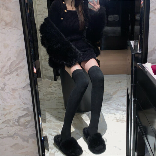 Shijanu solid color thickened over-the-knee black silk women's autumn and winter velvet stockings, two black, one size fits all, 70-130 Jin Jin equals 0.5 kg, confidential delivery