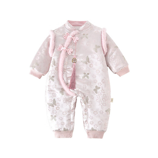 女宝宝国风连体衣秋冬款婴儿夹棉冬装哈衣新生儿衣服新款外出棉服 蝴蝶花礼服【粉色】 73cm