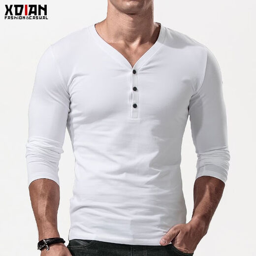 Fanshu Henry shirt long-sleeved T-shirt for men, low-neck American retro bottoming shirt, tight-fitting top, large V-neck spring and autumn style, white M 90-118Jin Jin equals 0.5 kg