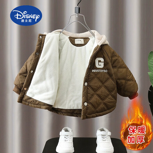 Disney brand boys' autumn and winter cotton coat hooded baby winter quilted jacket 2025 new baby boy children's cotton coat khaki velvet thickened G-shaped cotton coat 85cm (90 yards)