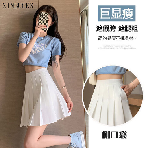 XINBUCKS Pocket Pleated Skirt Women's Short Skirt High Waist Slim A-Line Skirt Elastic Waist Skirt Spring Summer Autumn Student JK Skirt Black (Pocket Style) M Recommendation 85-105Jin Jin equals 0.5 kg