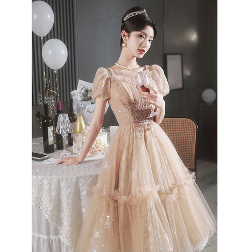 Li Baixin evening dress for women 2025 new light luxury niche high-end petite banquet temperament high-end host birthday dress champagne long M recommended 90-100Jin Jin equals 0.5 kg