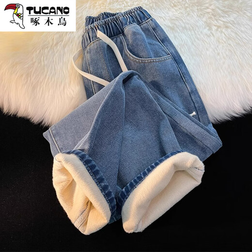 Woodpecker (TUCANO) Velvet Thickened Straight Jeans Women's Spring 2025 New Small Wide Legs Cotton Elastic Waist Autumn and Winter Pants Retro Blue Velvet XL 124Jin Jin is equal to 0.5 kg within