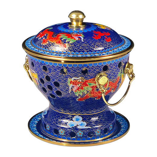 New cloisonné enamel old Beijing small hot pot single alcohol pot environmentally friendly oil hot pot cloisonné copper hot pot single person enamel copper hot pot blue bottom double dragon playing with beads 19cm