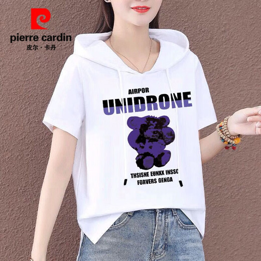 皮尔卡丹纯.棉连帽t恤女短袖2025年夏季减龄显瘦半袖宽松韩版纯棉卫衣女潮 白色-695 2XL 建议125-135斤