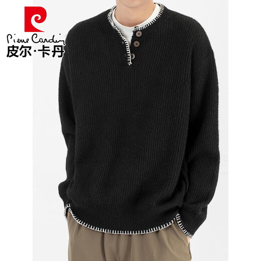 Pierre Cardin Henry collar sweater men's autumn and winter thick warm sweater black niche lazy design long-sleeved top black M