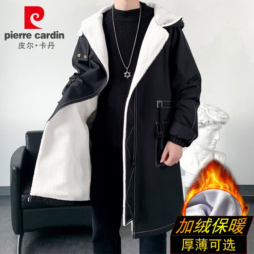 Pierre Cardin (pierre cardin) windbreaker jacket men's high-end spring and autumn mid-length British coat trendy brand hooded Korean style casual jacket black plus velvet L 120 to 150 Jin Jin equals 0.5 kg can be worn