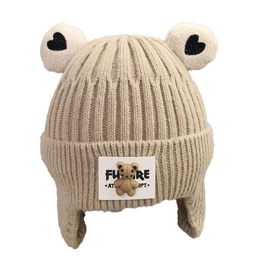 DFBK German quality baby hat autumn and winter knitted woolen hat for boys and girls cute bear infant ear protection brown patch bear double layer model ++3-36 months (44-52cm) + large elasticity