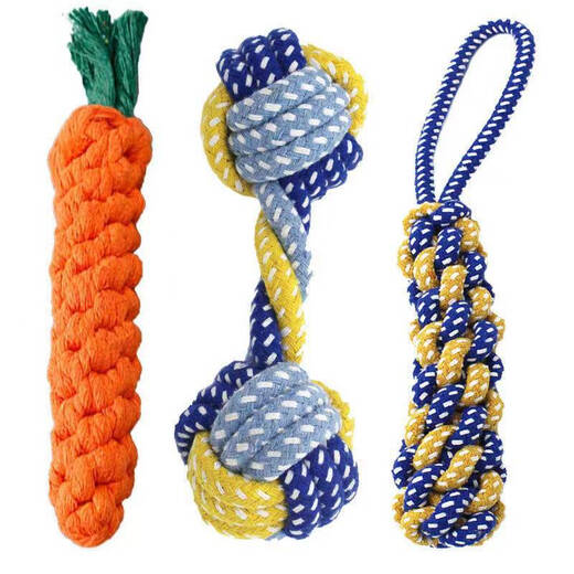 Cute dog teething resistant cotton rope toy, small, medium and large dog toy, knotted toy, braided chewing rope for pets, carrot + cotton rope dumbbell + hand-pulled corn cob
