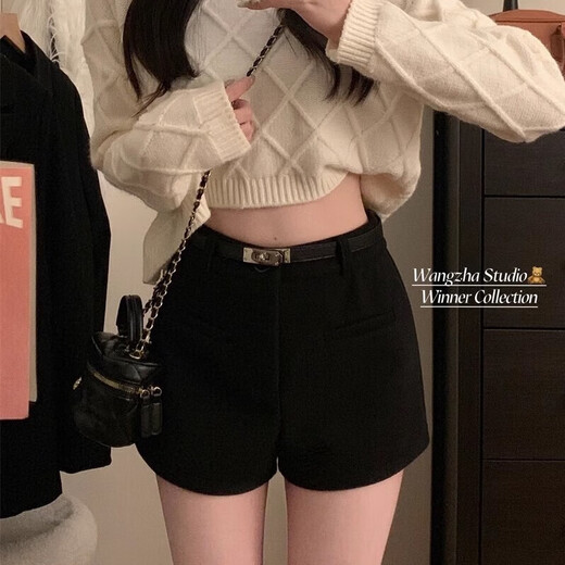 FOX.G Black Woolen Shorts Women's Autumn and Winter Outer Wear Women's 2025 New High Waisted A-Line Casual Leggings Hot Pants Double Pocket Woolen Shorts Black No Belt M Recommended 105 Jin Jin equals within 0.5 kg