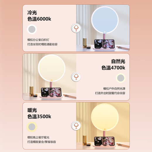 Syouran makeup mirror with light led high-definition makeup mirror Internet celebrity three-color smart fill-in mirror bedroom desktop large size portable Chinese Valentine's Day gift for girlfriend and wife LED beauty mirror three-color adjustable brightness upgraded metal stand pearl white