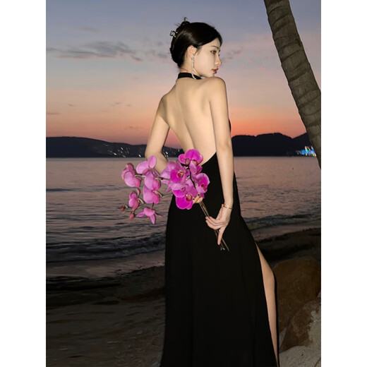 Diligent high slit dress evening dress sexy deep V goddess style halter neck little black dress deep V large backless long dress vacation repair black M