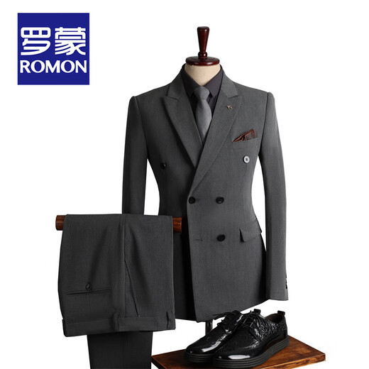 ROMON suit men's British style double-breasted business casual suit three-piece groom's wedding dress small suit men's black two-piece suit (suit + pants) 54/2XL size, free brooch + pocket square