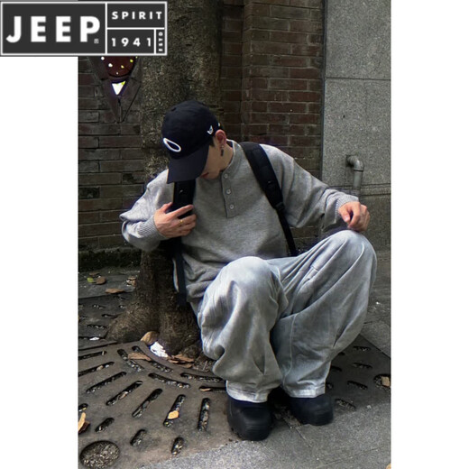 JEEP SPIRIT Black Henley Collar Sweater Men's Autumn American Retro Feel Knit Sweater Cleanfit Bottoming Shirt Gray M