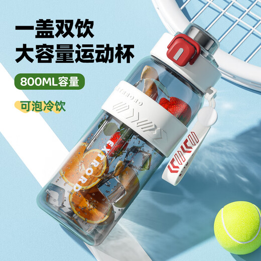 COOKSS Sports Water Cup Large Capacity Sports Water Bottle for Boys and Girls Summer Students Going to School Special Fitness Portable Water Bottle High Temperature Resistant Outdoor Deep Black - Thickened PC Double Drink 800ml