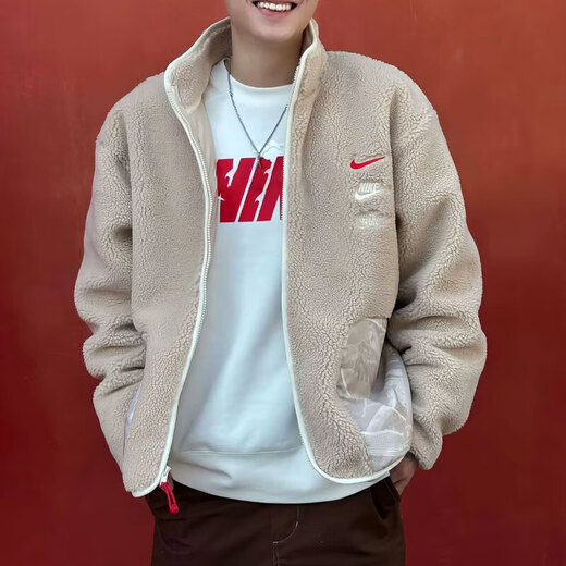 NIKE men's and women's new autumn and winter sportswear imitation sherpa stand collar casual fashion warm jacket FZ6194-126 white brown L