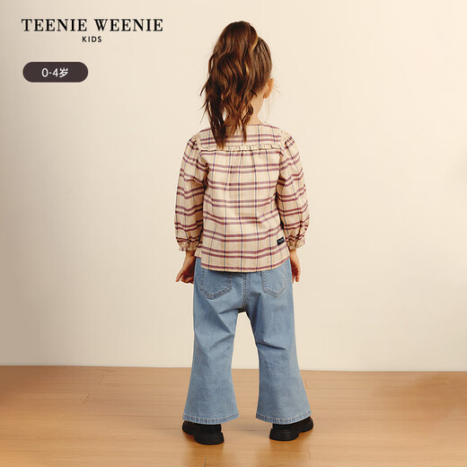 Teenie Weenie Kids bear children's clothing autumn baby girl classic plaid lace lapel cotton shirt burgundy 90cm