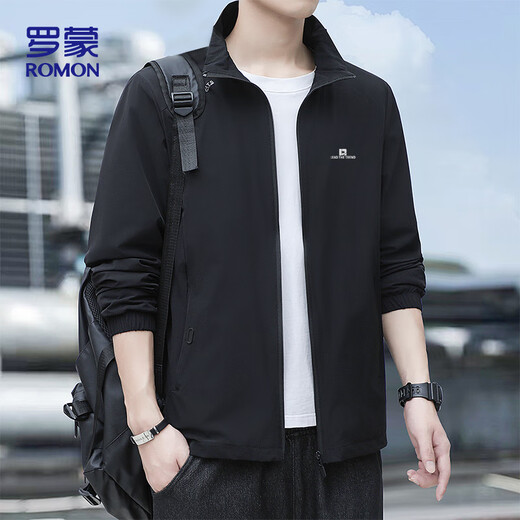 ROMON Jacket Men's Autumn Business Executive Stand Collar Loose Casual Windproof Jacket Men's Dad JK02 Black XL