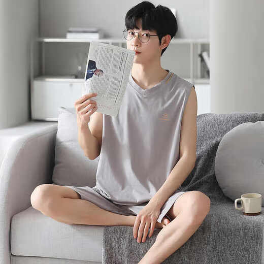 浪莎莫代尔睡衣男背心秋季薄款青年大码休闲家居服可外穿2件短裤套装 12023 L 建议95-120斤