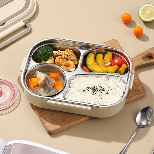 Stainless steel lunch box for high school and junior high school students, large-capacity tableware lunch box for office workers, five compartments + tableware + bowl + insulation bag, beige