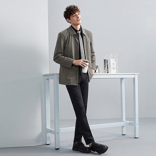 Qipai Men's Windbreaker Jacket Spring and Summer Business Casual Young and Middle-aged Seamless Lapel Windproof 1JK70090 Khaki S (165)