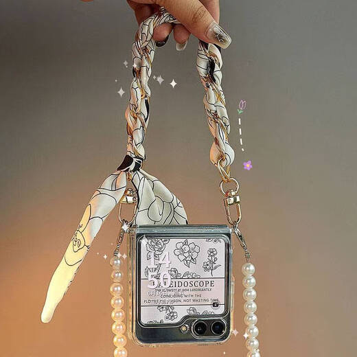 Bohuiyou is suitable for Samsung Galaxy Z Flip6 mobile phone case zflip anti-fall simple female portable protection folding screen with lanyard silk scarf new protective cover sense anti-fall transparent shell camellia silk scarf pearl long diagonal style Samsung Galaxy Z Flip6