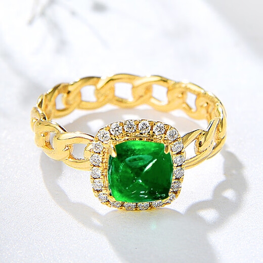 Natural emerald Cuban chain ring for women 18K gold fashionable commuting style colorful diamond ring green 0 carat 18 natural emerald ring
