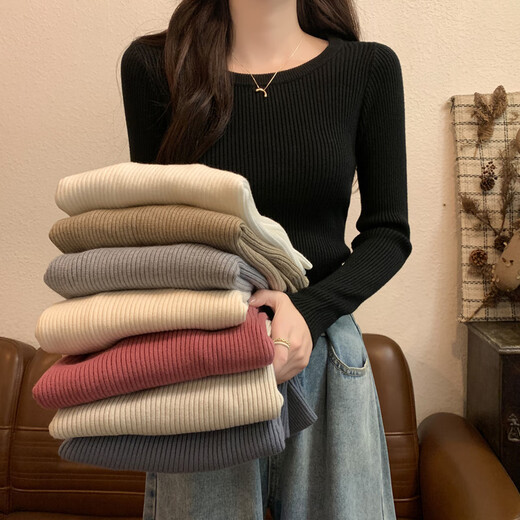 Yu Zhaolin (YUZHAOLIN) round neck bottoming shirt for women, autumn and winter warm inner layer, slim knitted threaded long-sleeved T-shirt basic top